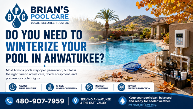 Learn how Ahwatukee pool care changes in fall without fully closing your swimming pool. Learn how Ahwatukee pool care changes in fall without fully closing your swimming pool.